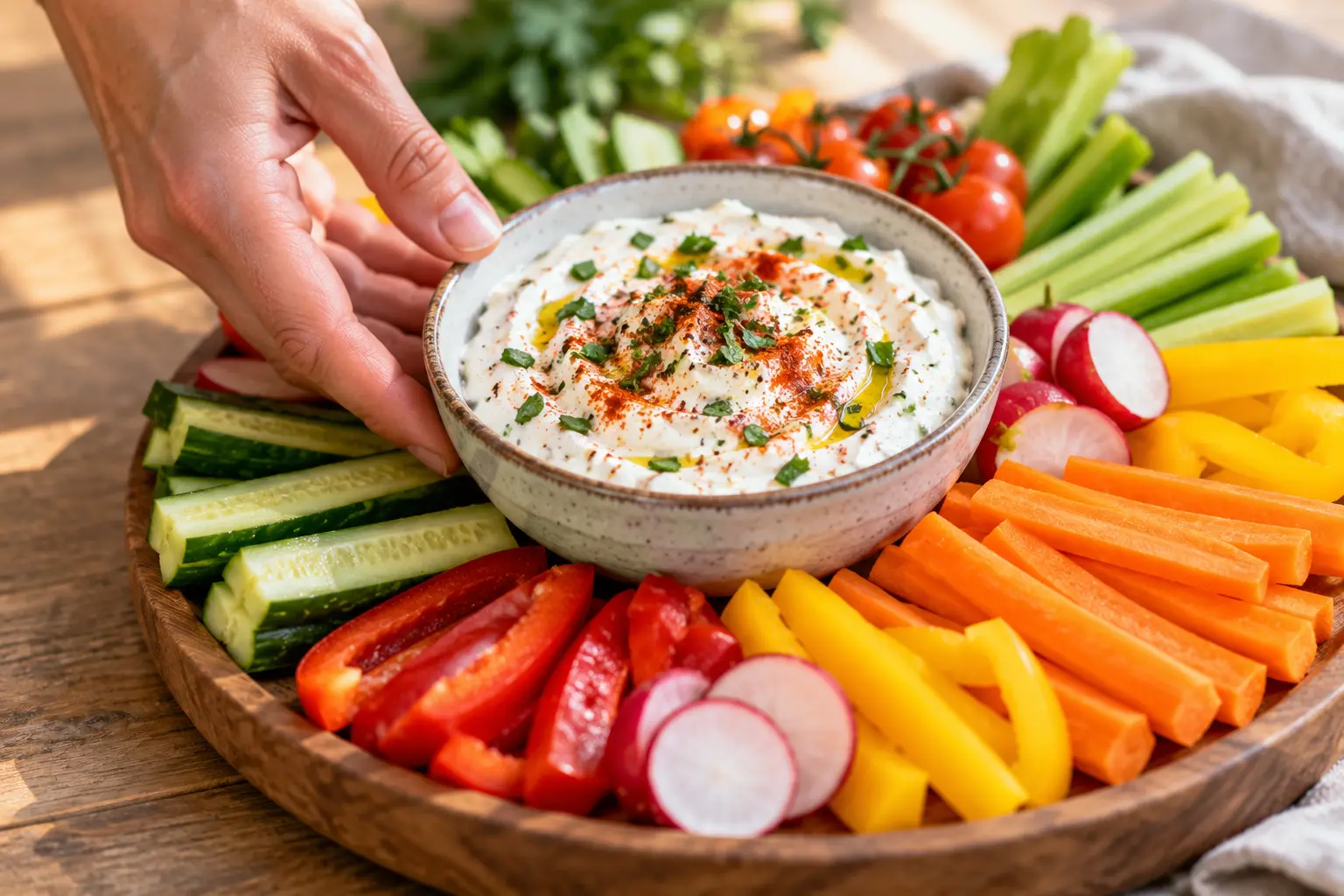 Dip de fromage blanc aux épices servi dans un bol entouré de crudités colorées