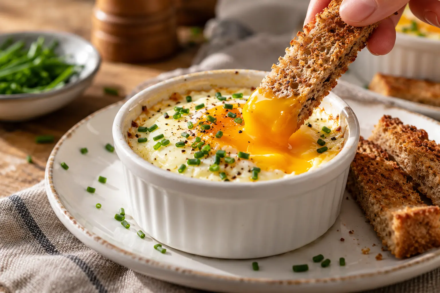 Œuf cocotte crémeux sorti du four, parsemé de ciboulette, avec une mouillette de pain plongée dans le jaune coulant