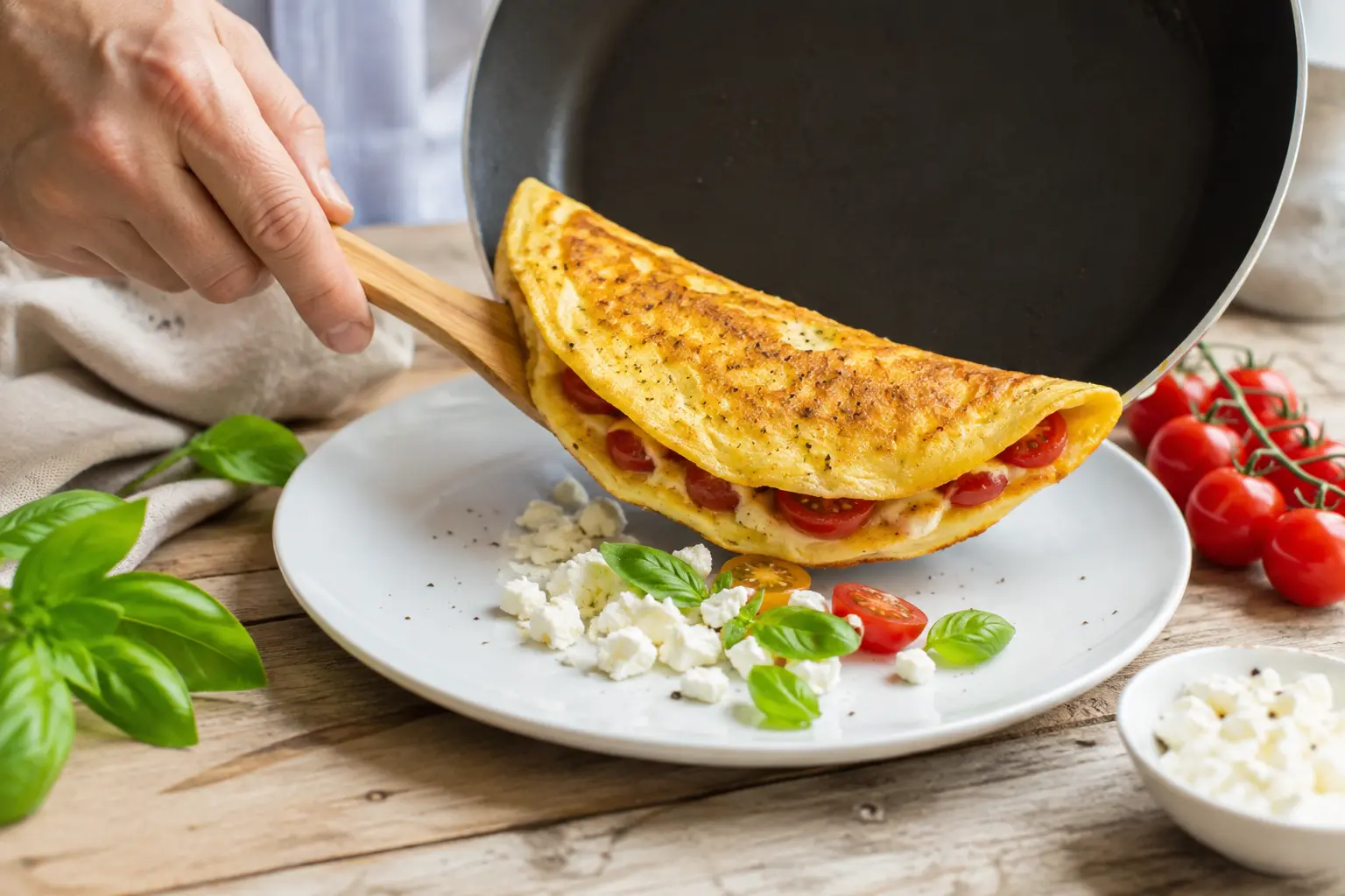 Omelette aux tomates cerises pliée dans une assiette avec feta émiettée et basilic frais