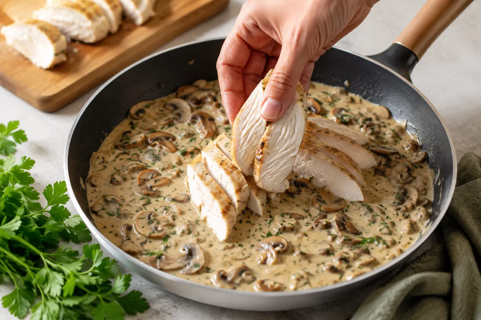 Blancs de poulet nappés de sauce crémeuse aux champignons dans une poêle, parsemés de persil