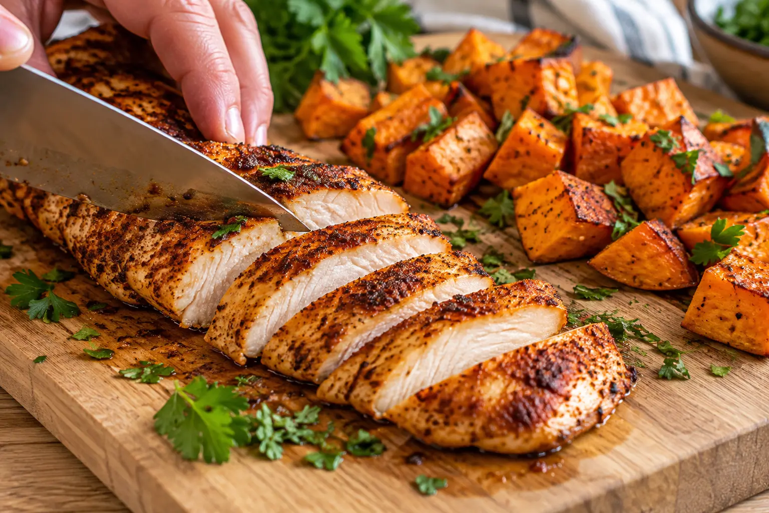 Poulet au paprika fumé tranché en biais servi avec des patates douces rôties et du persil frais