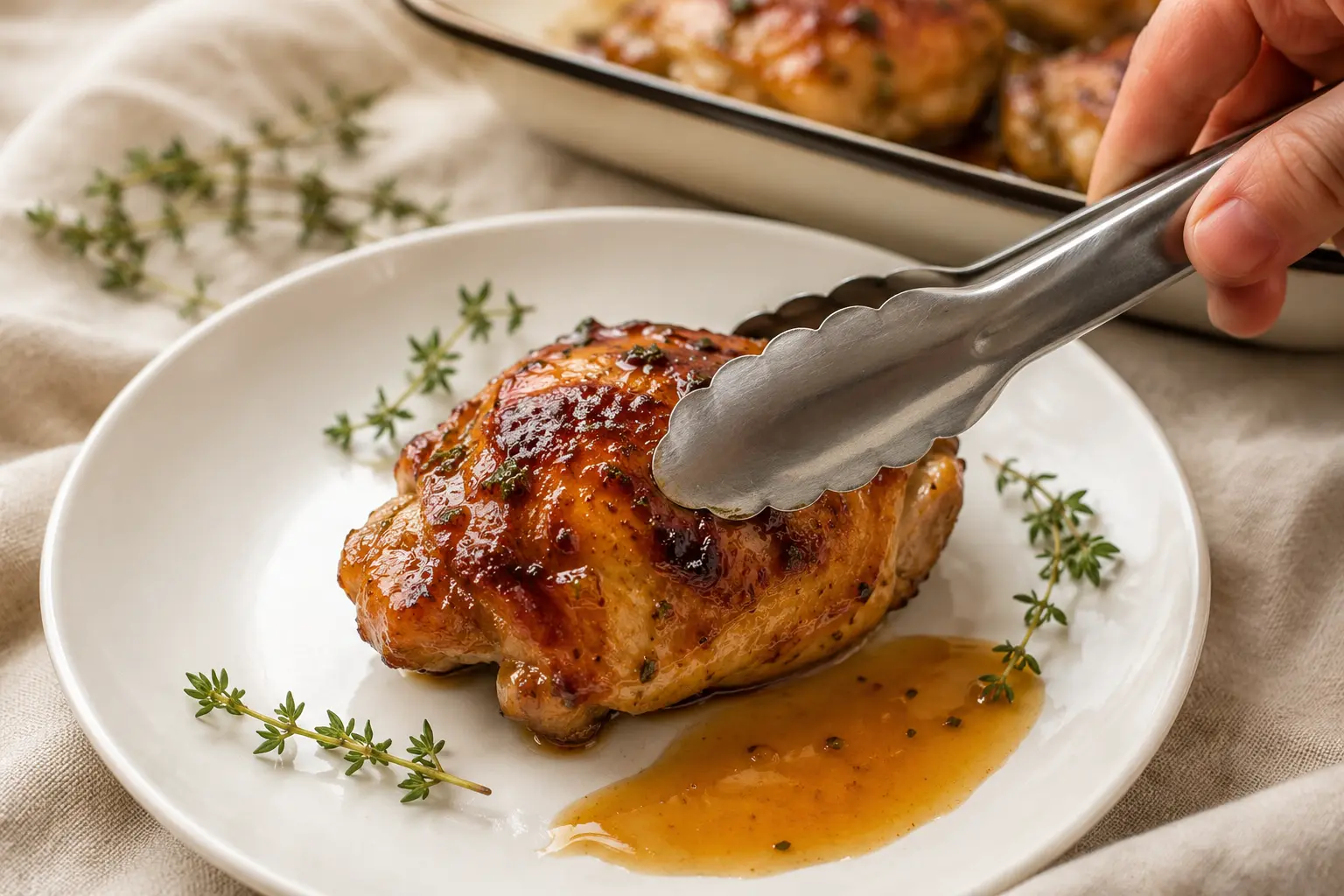 Assiette de poulet rôti au miel et thym servi avec du jus de cuisson