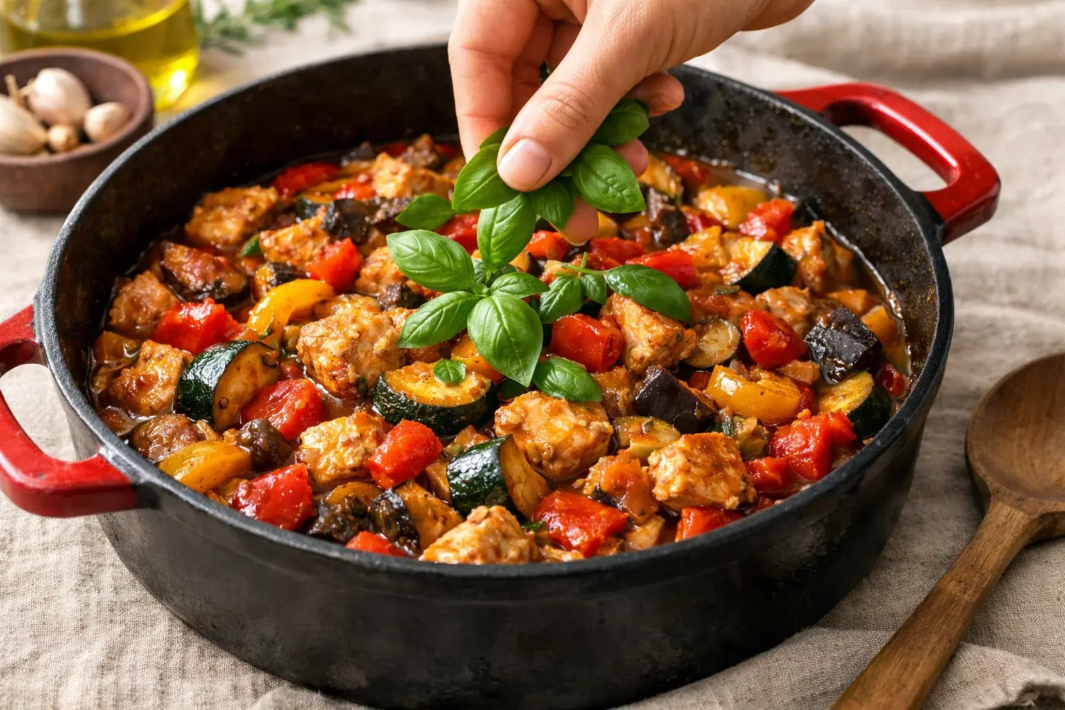 Ratatouille provençale protéinée dans une cocotte en fonte servie à table, légumes fondants et colorés avec pois chiches, feuilles de basilic frais déchirées sur le dessus, fond lin beige, lumière naturelle