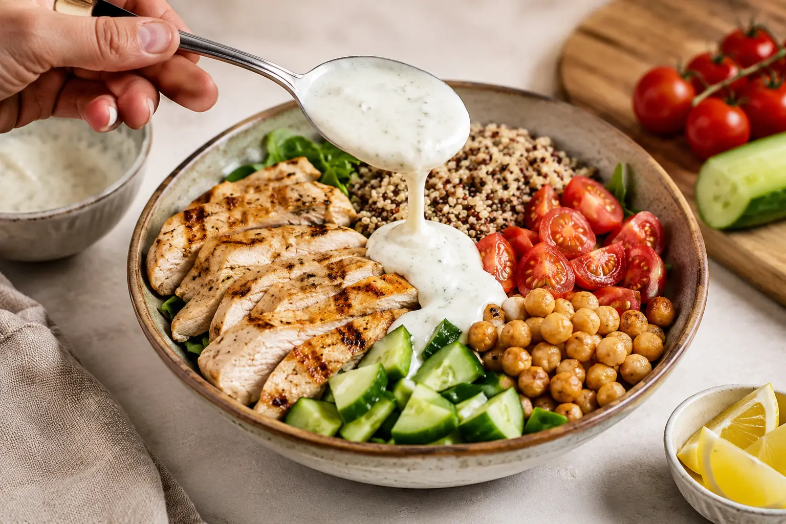 Sauce au yaourt grec versée à la cuillère sur un bowl coloré de légumes et poulet