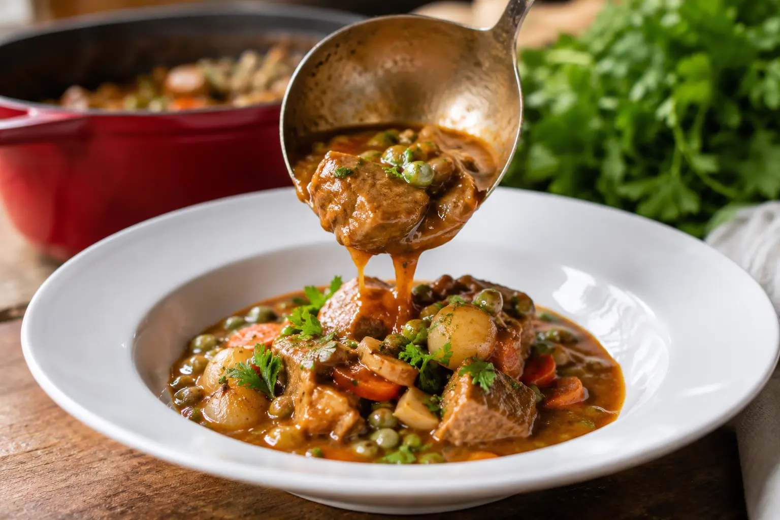 Veau Marengo aux légumes printaniers servi dans une assiette creuse avec du persil frais