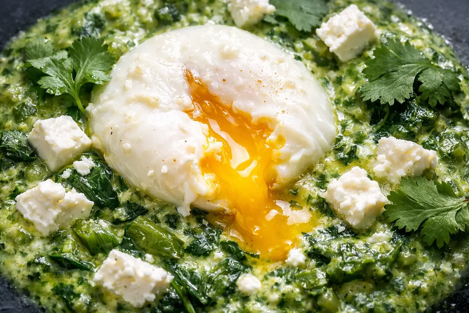 Gros plan sur un œuf poché dans la sauce verte du shakshuka verde, jaune coulant cassé, épinards et feta visibles autour