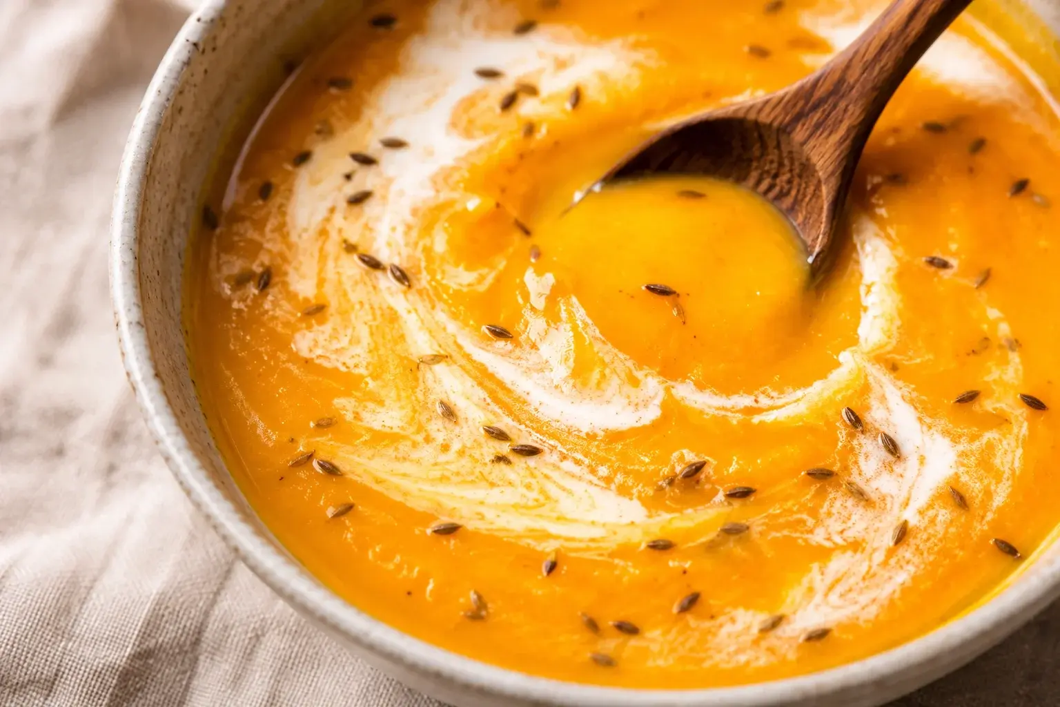 Gros plan plongée sur une soupe veloutée orange, filet de lait de coco blanc en spirale et graines de cumin éparpillées