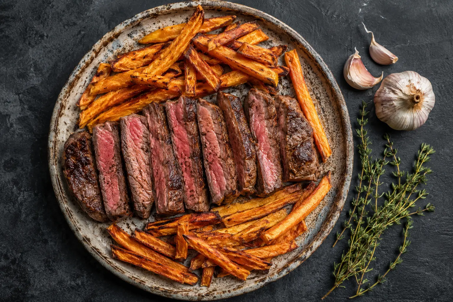 Steak frites de patate douce vu de dessus avec herbes fraîches et fleur de sel