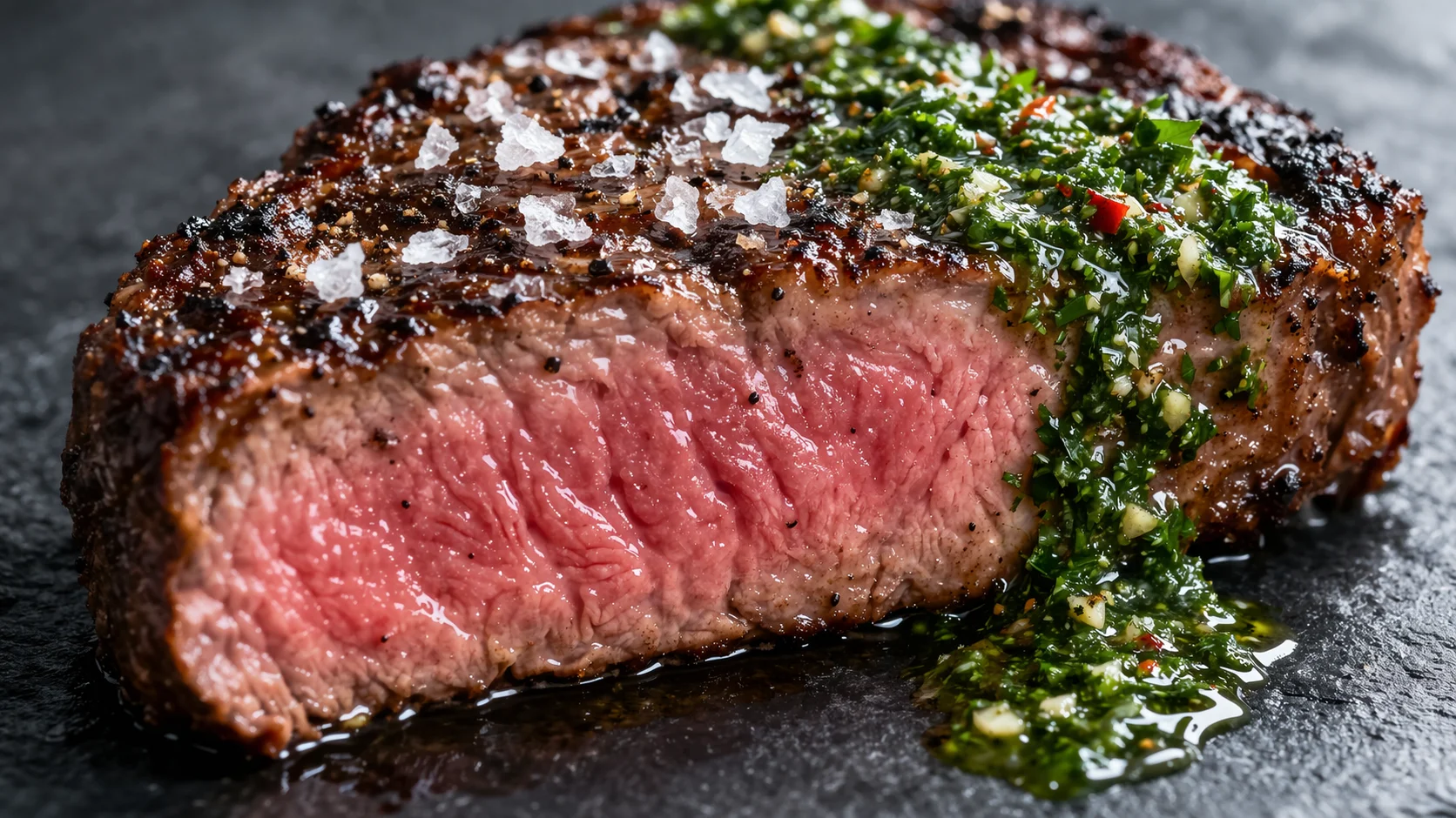 Gros plan sur la croûte caramélisée du steak grillé avec filet de chimichurri vert sur ardoise noire