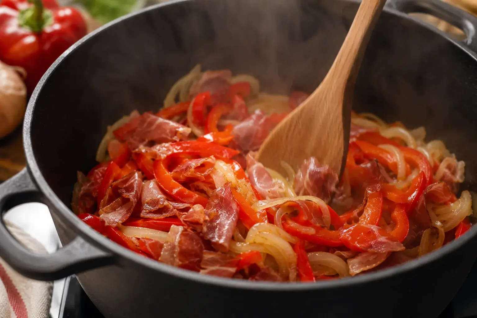 Oignons, lamelles de poivrons rouges et verts en train de fondre dans une cocotte avec jambon de Bayonne et spatule en bois
