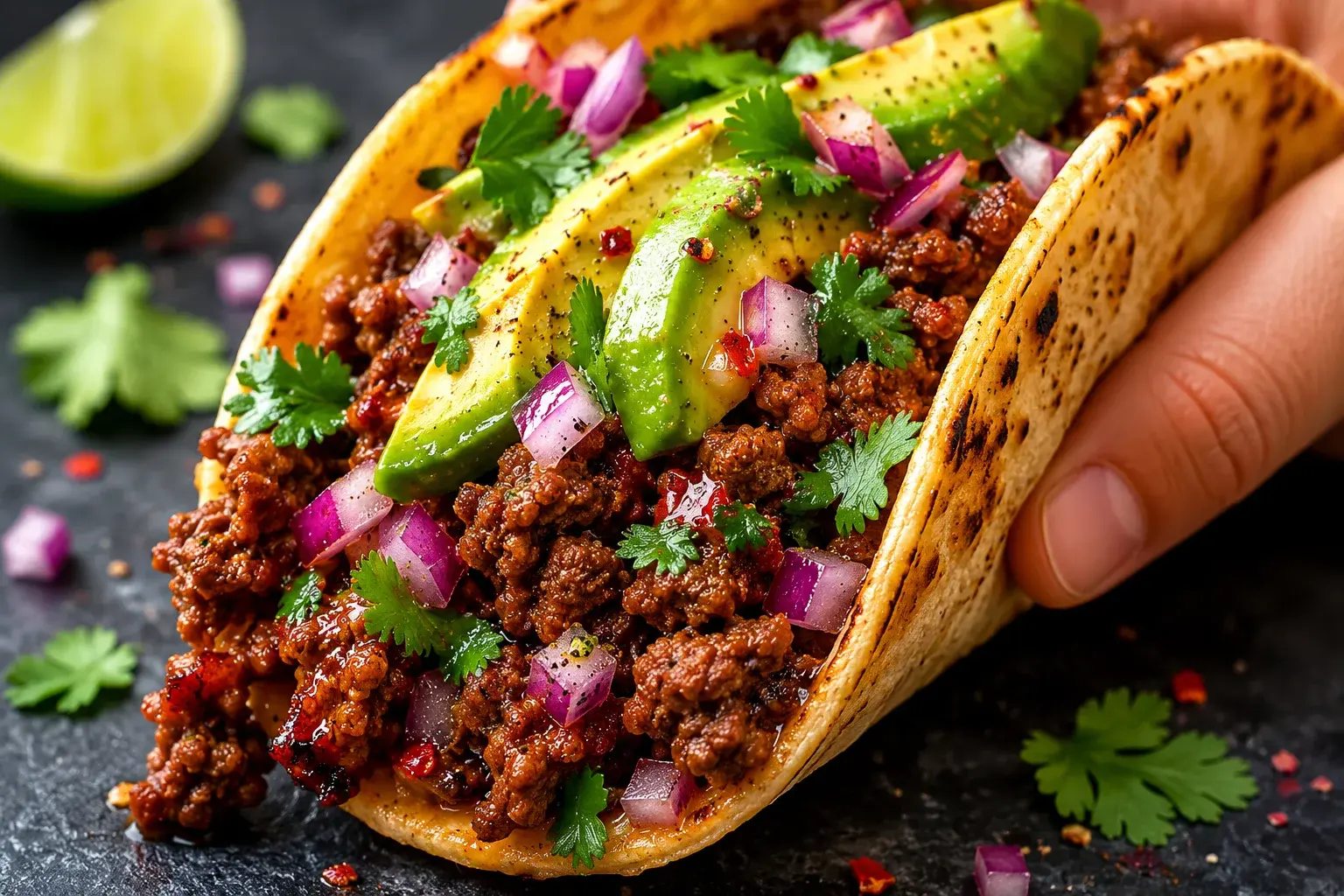 Gros plan sur un taco débordant de bœuf haché brun épicé, copeaux d'avocat vert, oignon rouge et brins de coriandre fraîche