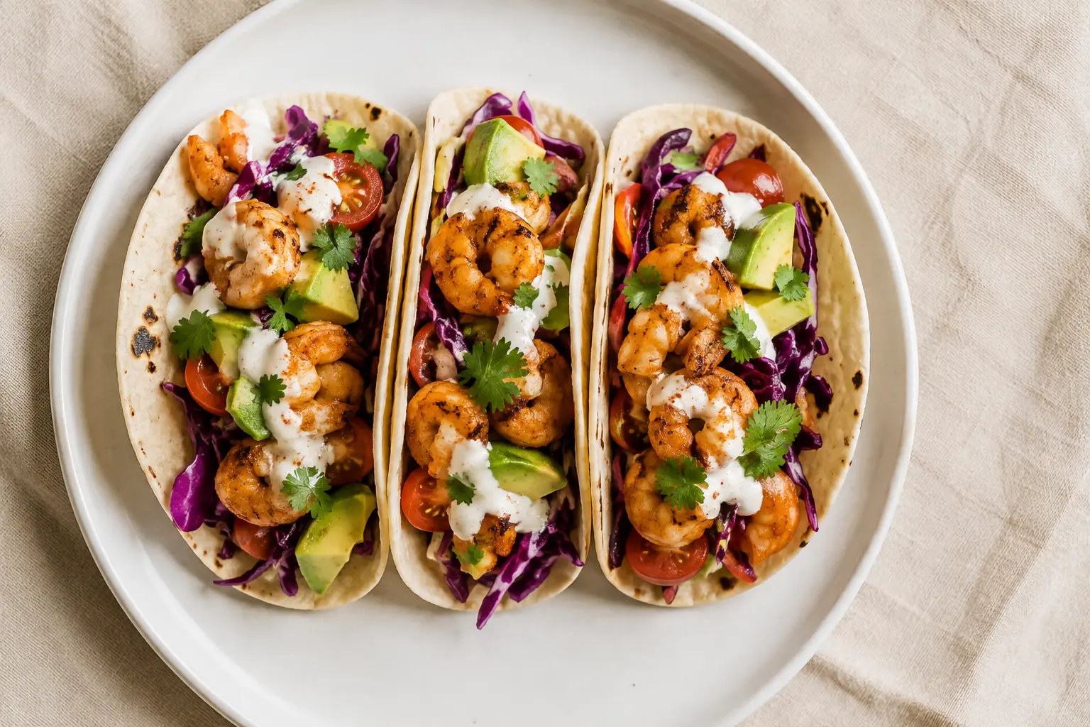 Gros plan sur un taco aux crevettes épicées avec garniture fraîche et sauce crémeuse