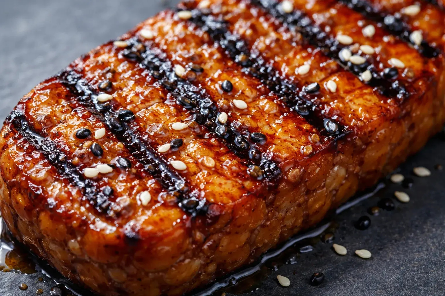 Gros plan sur la texture croustillante et dorée des tranches de tempeh grillé avec marques de grill et graines de sésame