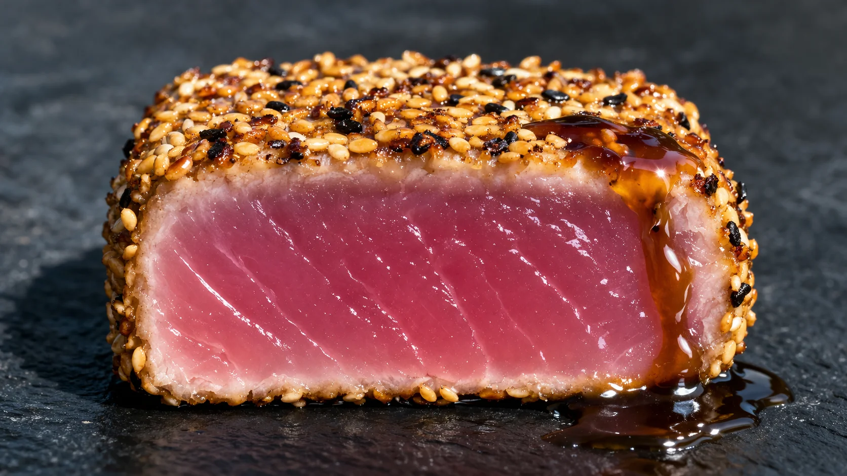Gros plan sur la coupe du thon mi-cuit révélant le coeur translucide rosé, sésame doré et sauce dorée au soja visible