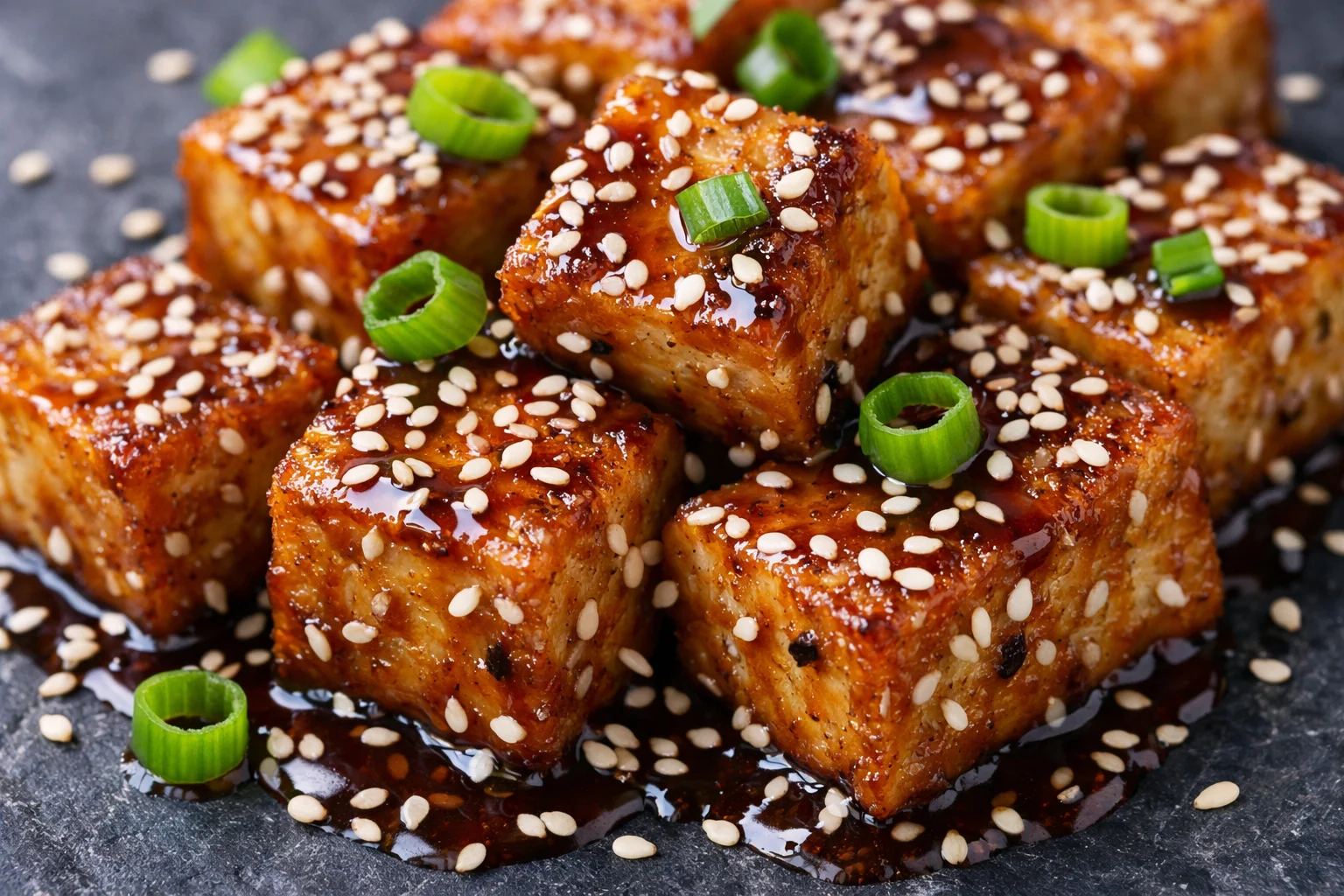 Gros plan sur des cubes de tofu dorés et croustillants nappés de sauce soja-sésame brillante avec graines de sésame et oignon vert