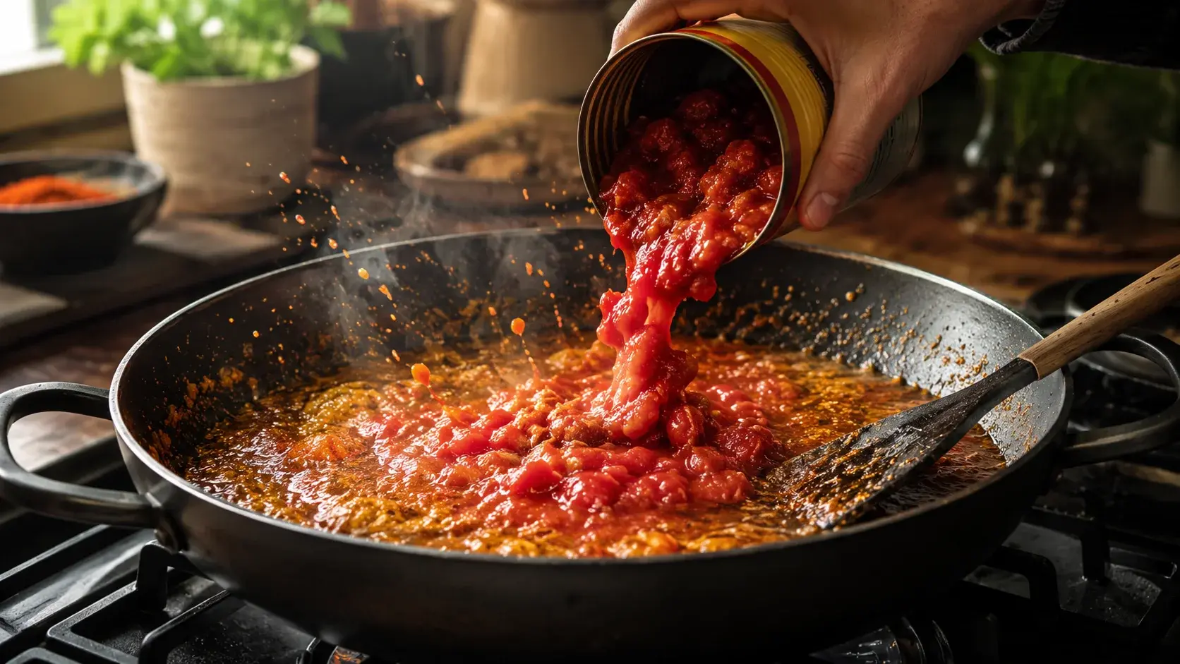 Main versant les tomates concassées dans la sauteuse avec le masala d'épices et d'oignons, sauce rouge orangé en cours de formation