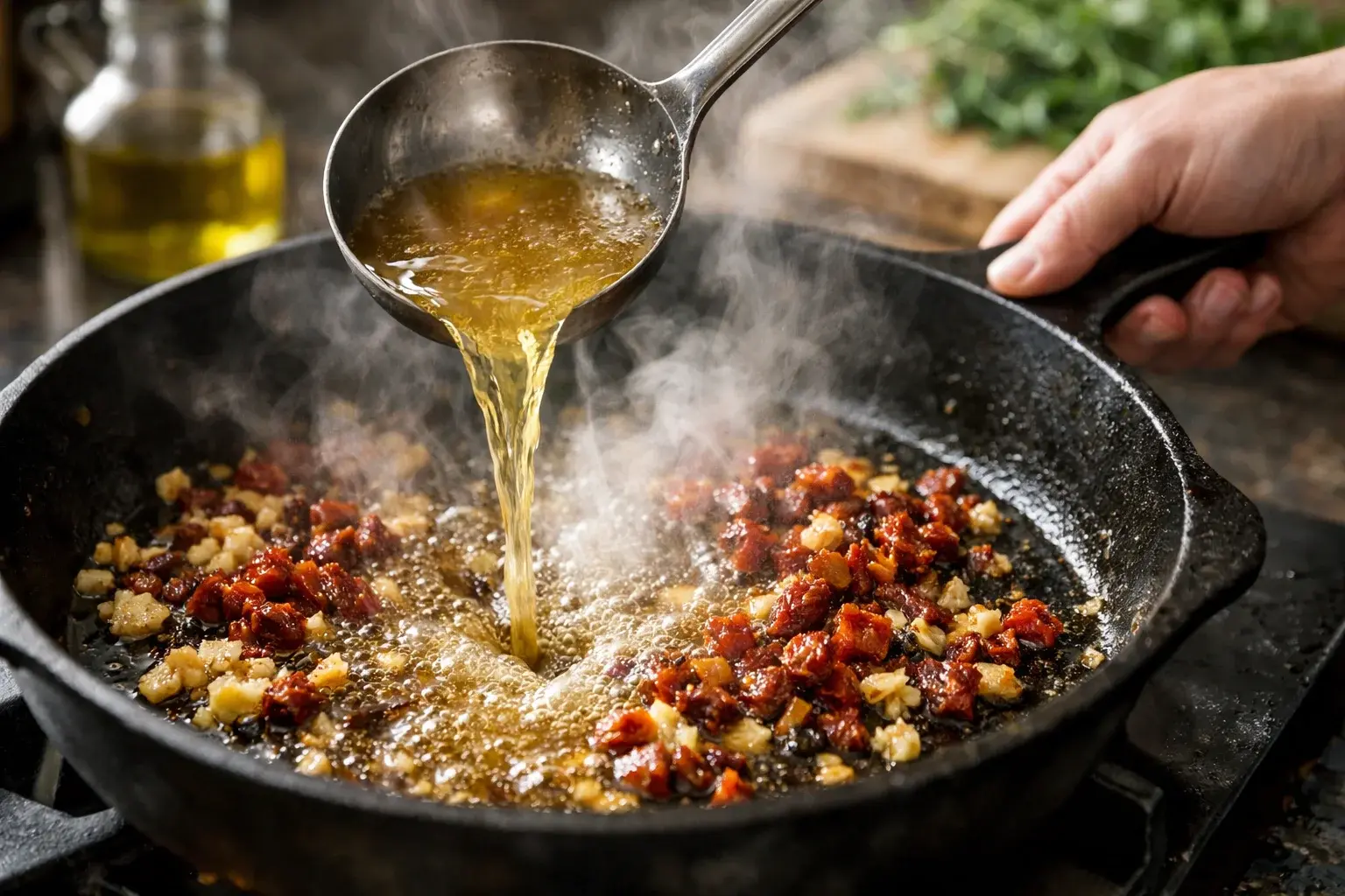Dés de tomates séchées rouges et ail revenant dans la poêle avec les sucs de cuisson du poulet, spatule grattant le fond