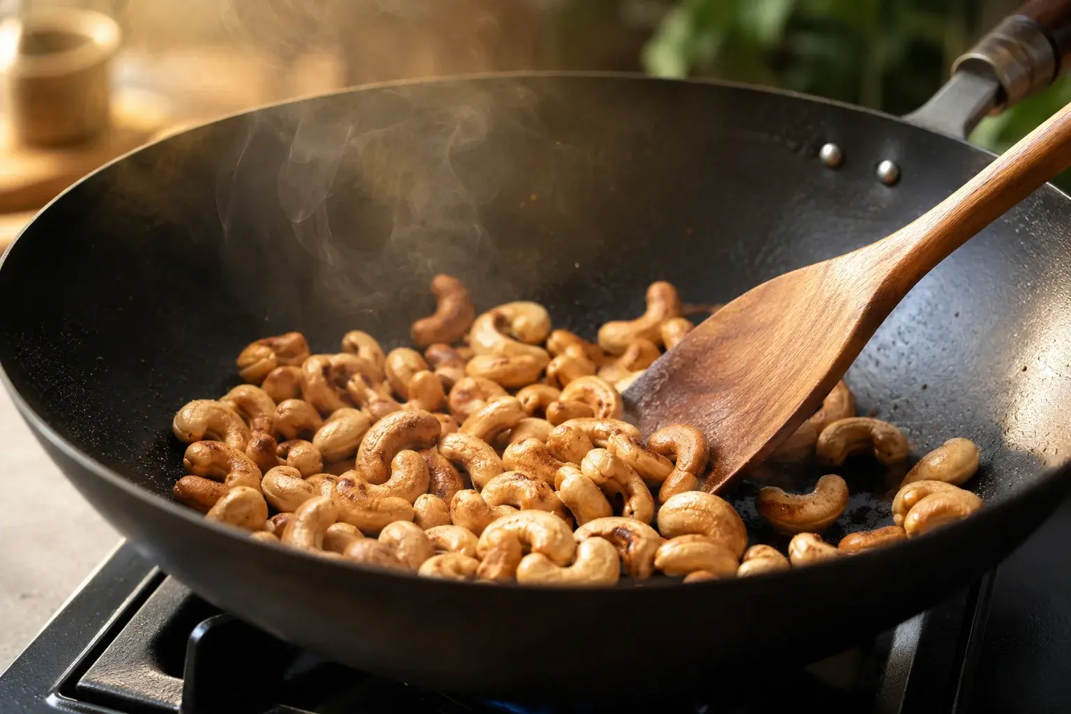 Noix de cajou en train de griller dans un wok avec une spatule en bois