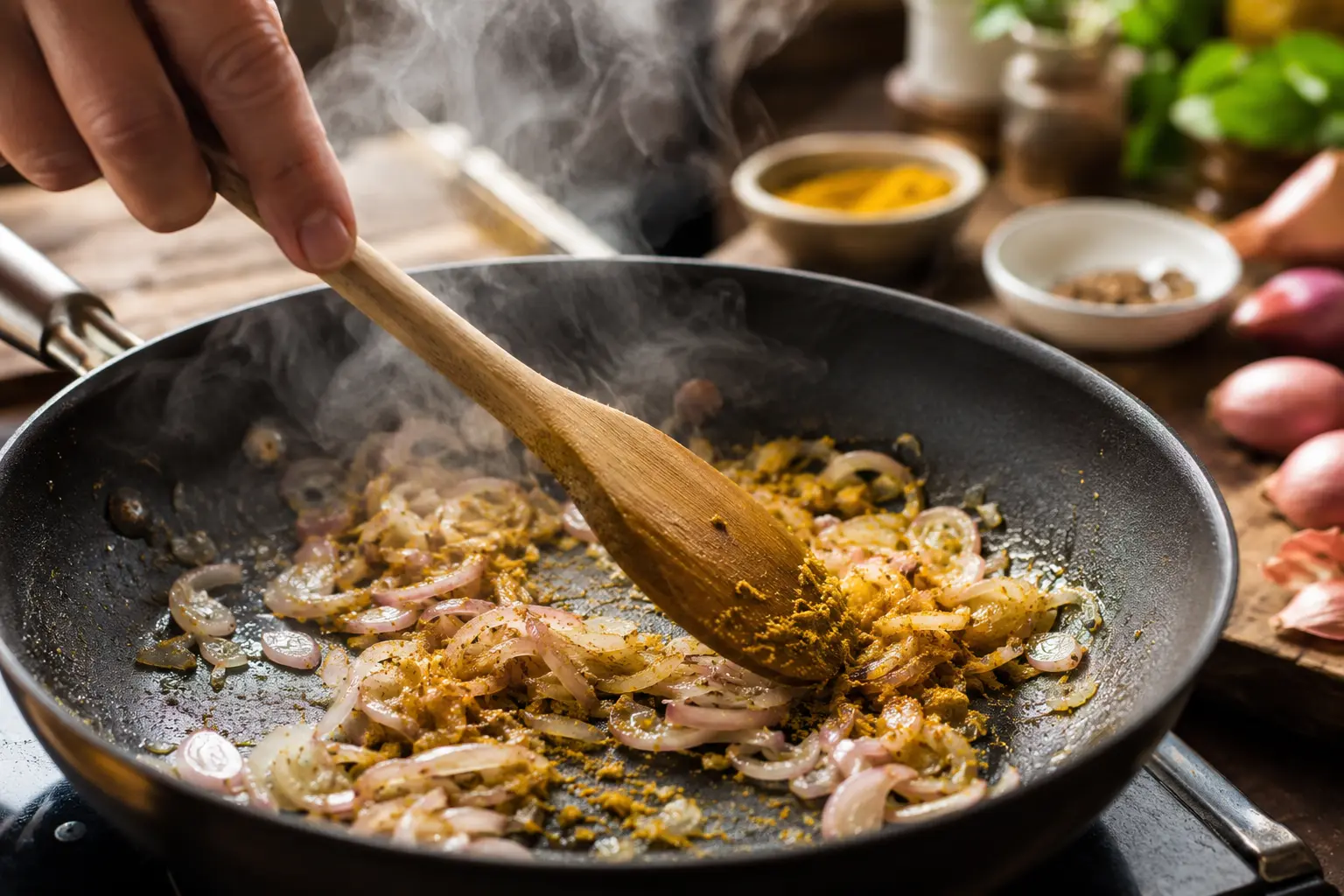 Échalote et épices curry en train de revenir dans une poêle avec une cuillère en bois