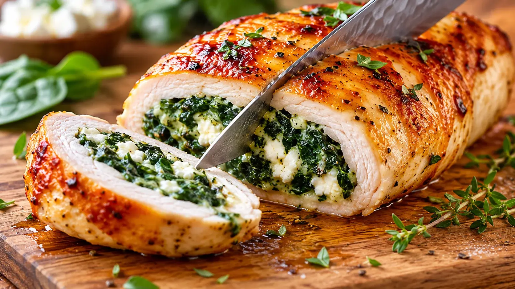 Tranches de poulet farci sur planche en bois, farce verte aux épinards et feta visible au cœur de chaque tranche dorée