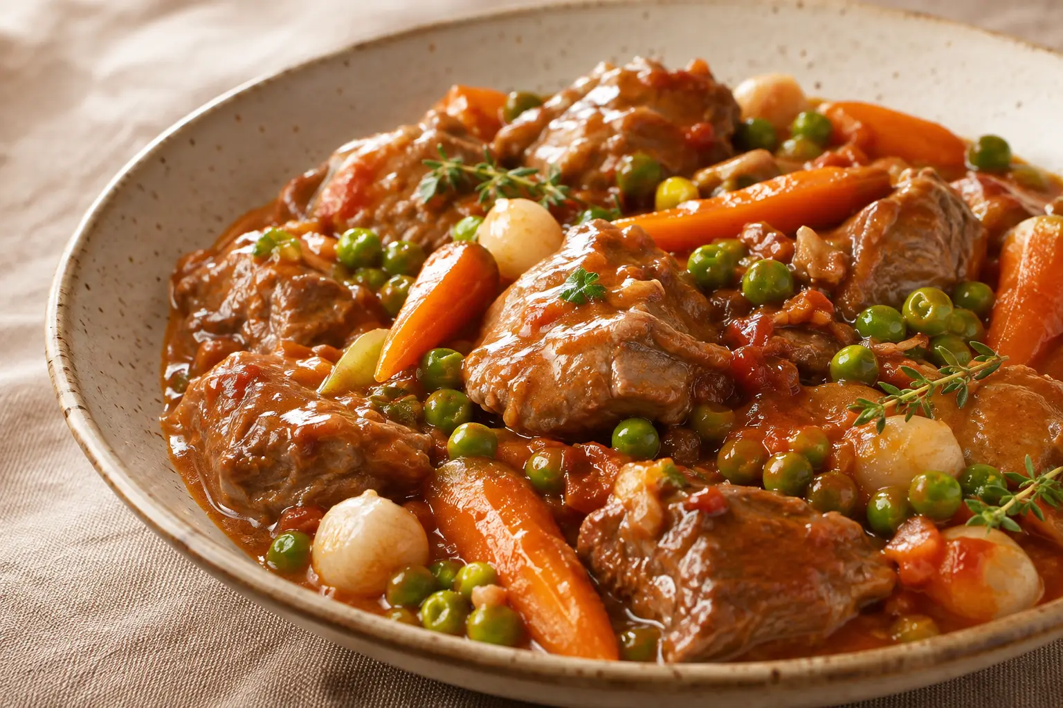 Assiette de veau Marengo aux légumes printaniers avec sauce tomatée, gros plan