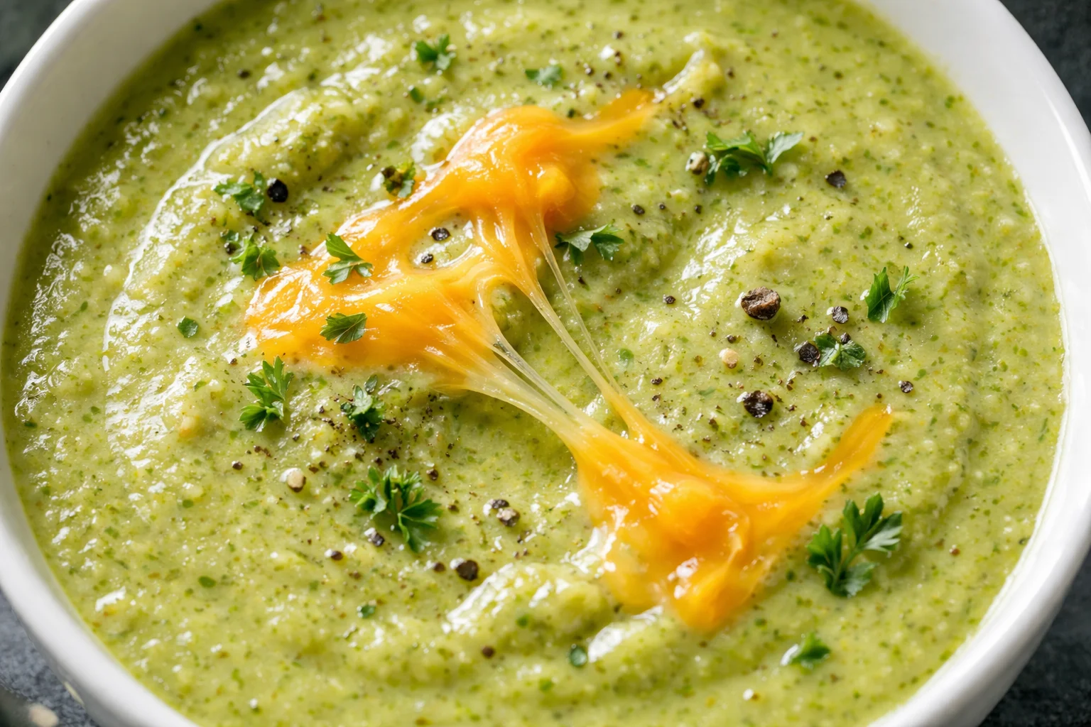 Gros plan sur la texture crémeuse du velouté de brocolis au cheddar avec filet de fromage fondu en surface et grains de poivre