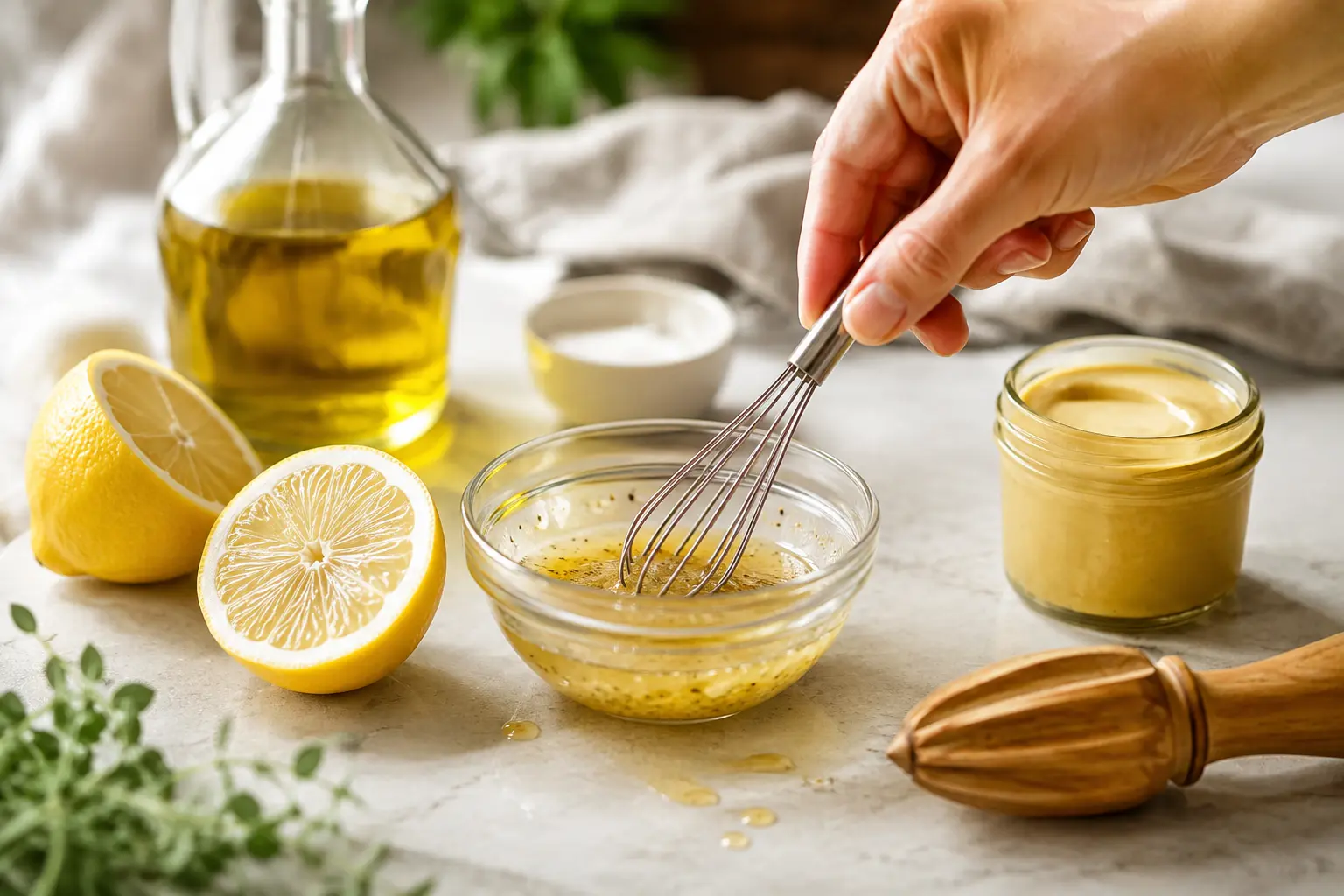 Main fouettant la vinaigrette au citron dans un petit bol