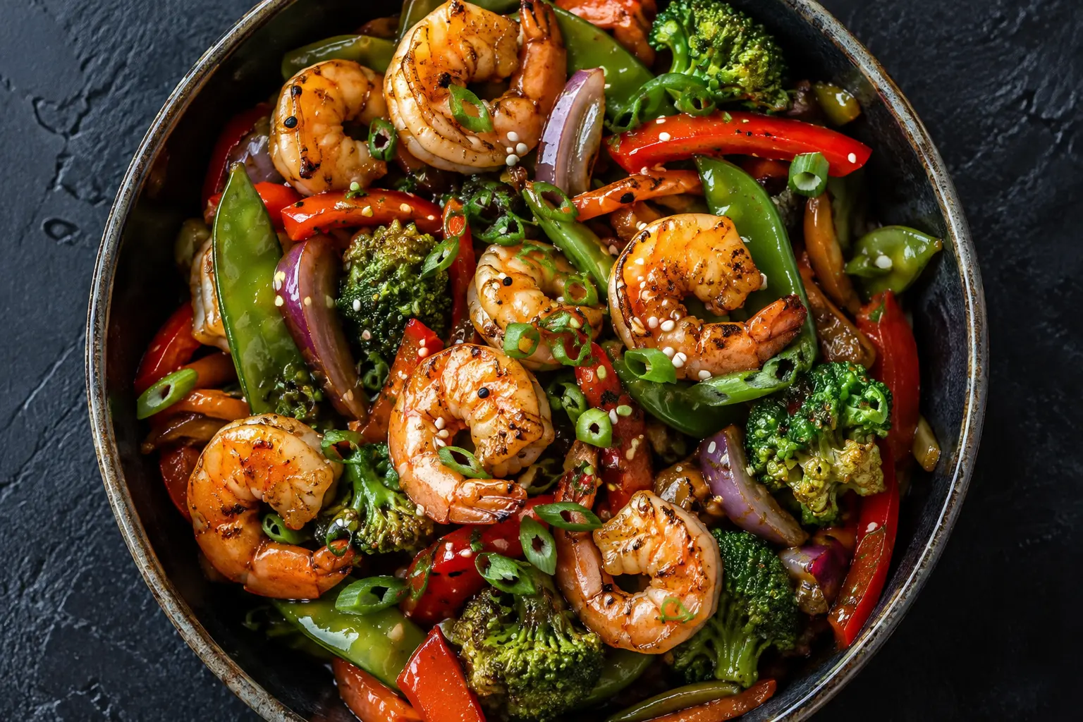 Gros plan sur les crevettes et légumes sautés au wok avec des herbes fraîches
