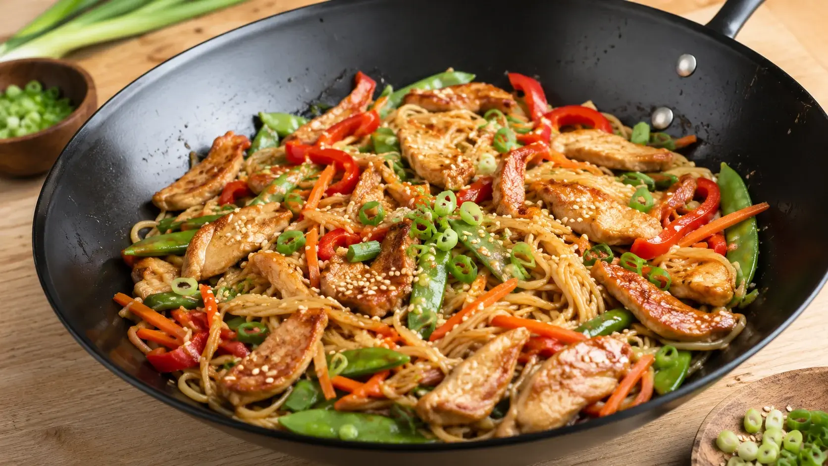 Wok de poulet aux nouilles de riz