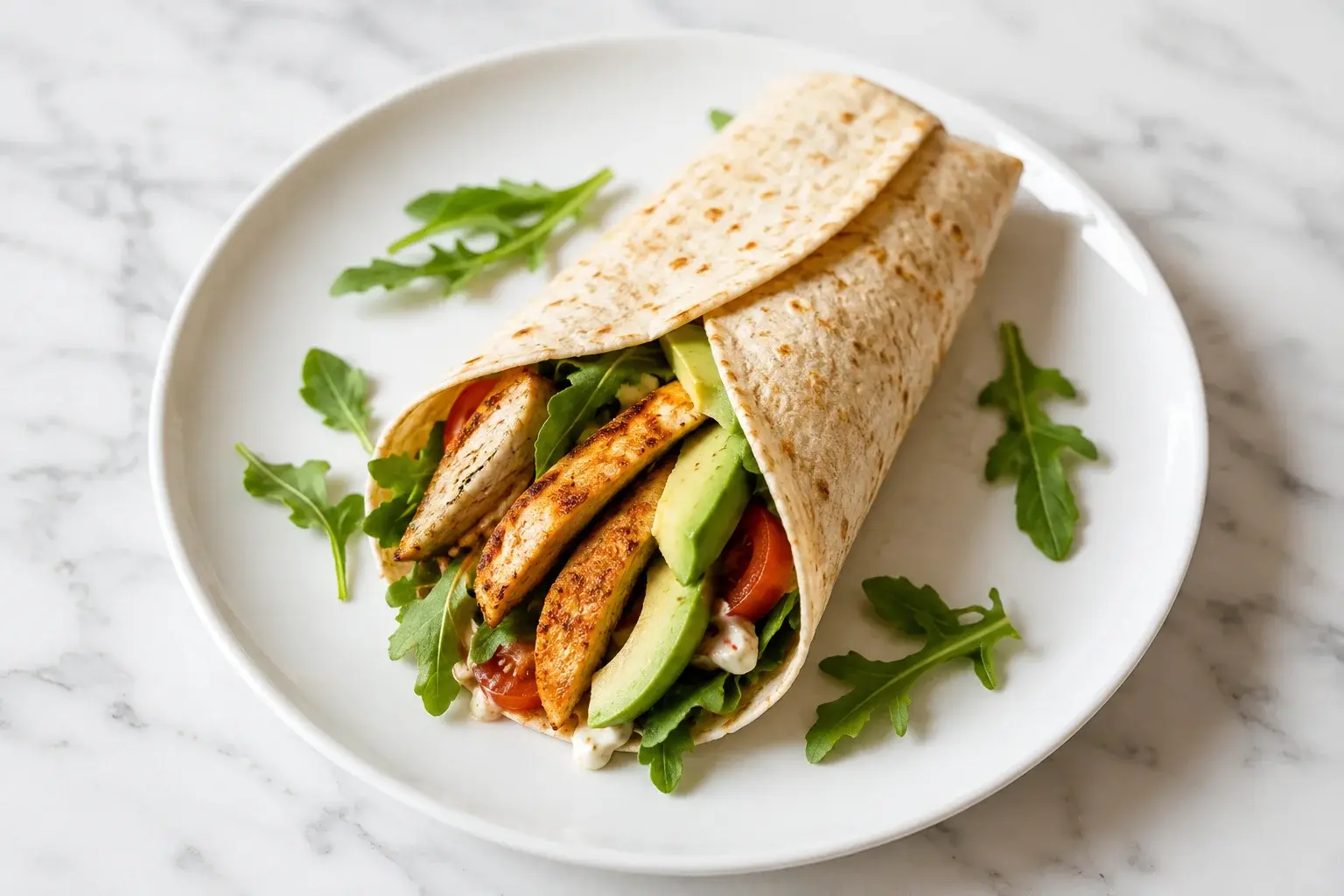 Wrap protéiné au poulet et avocat coupé en deux montrant la garniture colorée