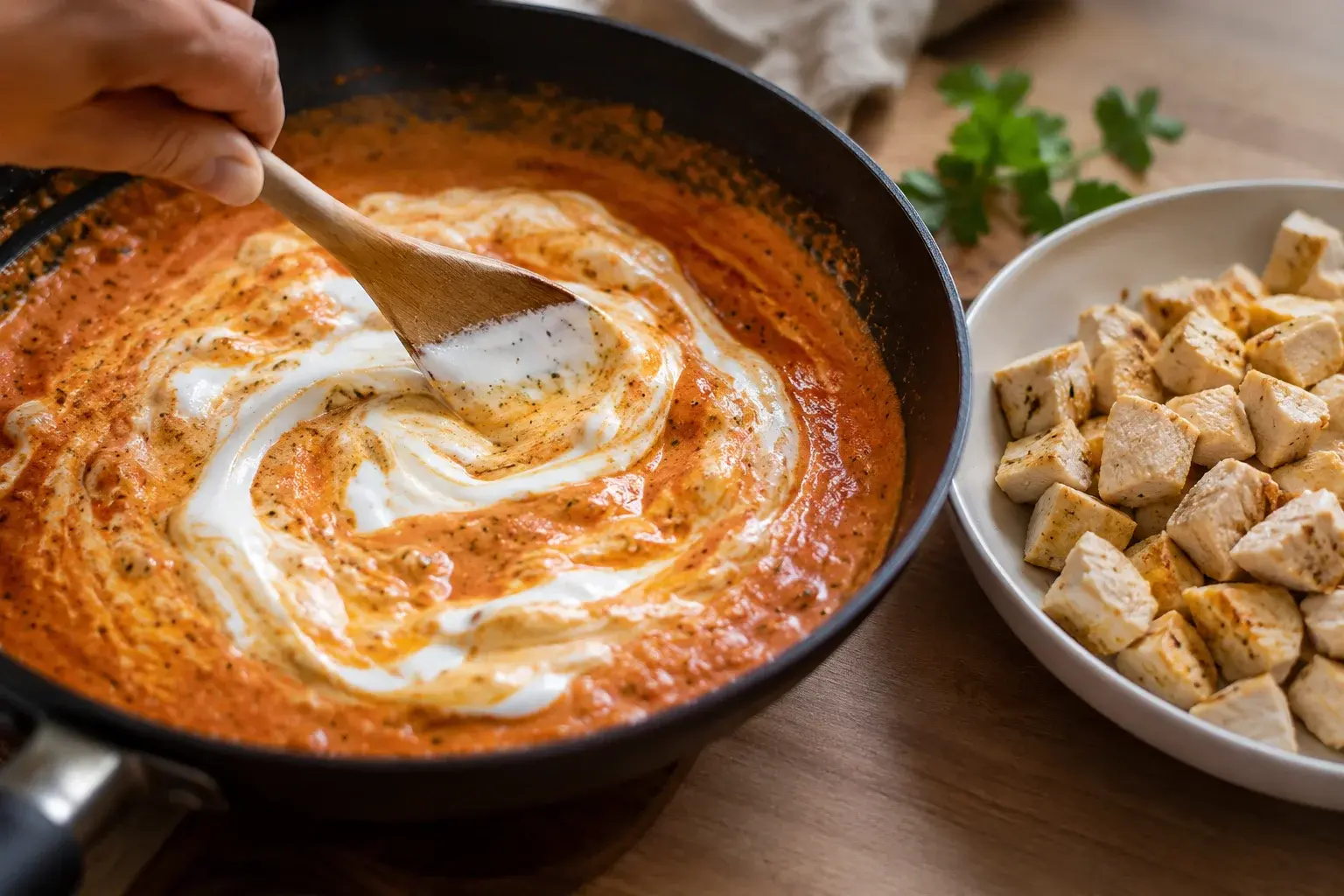 Yaourt grec incorporé à la sauce avec les morceaux de poulet